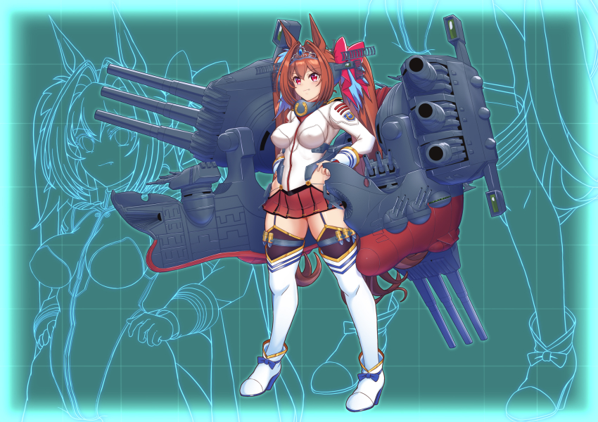 1girl animal_ears blue_background breasts brown_hair closed_mouth collar cosplay daiwa_scarlet_(umamusume) full_body garter_straps hair_intakes hair_tie hand_on_own_hip headgear highres hip_vent horse_ears horse_girl horse_tail jacket kantai_collection large_breasts long_hair metal_collar moke_ro name_connection pleated_skirt purple_eyes range_finder red_skirt rigging ship_turret skirt solo standing tail thighhighs tiara trait_connection twintails uchuu_senkan_yamato uchuu_senkan_yamato_2199 umamusume very_long_hair white_jacket white_thighhighs yamato_(kancolle) yamato_(kancolle)_(cosplay)