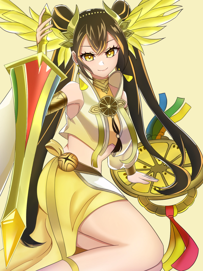 1girl armlet black_hair blue_ribbon breasts closed_mouth detached_sleeves duel_monster earrings feather_hair_ornament feathers green_ribbon hair_between_eyes hair_ornament highres holding holding_sword holding_weapon japanese_clothes jewelry mandarin_orange_slice medium_breasts midriff mirror norakuma ohime_the_manifested_mikanko red_ribbon ribbon simple_background skirt smile solo sword thighs twintails weapon yellow_background yellow_eyes yellow_ribbon yellow_skirt yu-gi-oh!