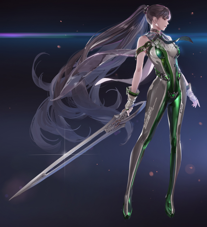 1girl bare_shoulders bodysuit breasts brown_eyes brown_hair eve_(stellar_blade) full_body gloves green_bodysuit highres large_breasts long_hair planet_diving_suit_(7th)_(stellar_blade) solo stellar_blade sword very_long_hair weapon yd_(orange_maru)