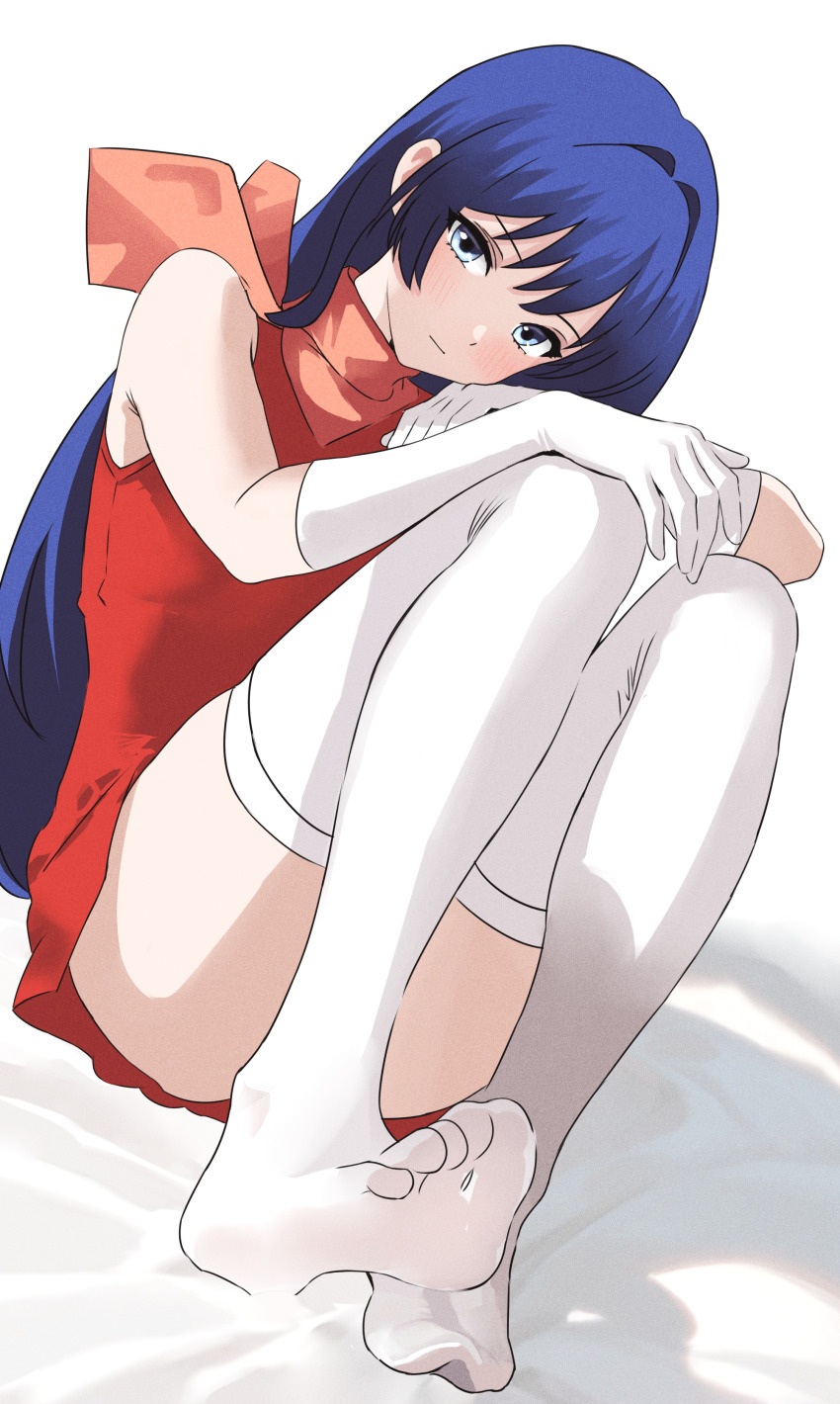 1girl absurdres alternate_costume armpit_crease bed_sheet blue_hair blush caeda_(fire_emblem) closed_mouth commission convenient_leg dress dutch_angle feet fire_emblem full_body gloves grey_eyes hair_intakes highres knees_up kyoichi long_hair looking_at_viewer nintendo no_shoes orange_dress short_dress simple_background skeb_commission sleeveless sleeveless_dress soles solo thighhighs thighs toes very_long_hair white_background white_gloves white_thighhighs