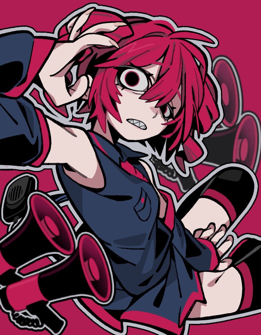 1girl arm_up black_hole-shaped_pupils black_shirt black_sleeves breast_pocket collared_shirt detached_sleeves drill_hair fingernails hashtag-only_commentary highres invisible_floor kasane_teto kasane_teto_(utau) long_fingernails megaphone outline pink_background poa_poa05 pocket red_hair red_trim sharp_teeth shirt sleeveless sleeveless_shirt solo teeth twin_drills utau white_outline