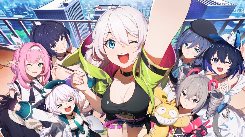 &gt;_&lt; 6+girls ^_^ absurdres bare_legs bare_shoulders beret black_gloves black_hair black_skirt black_tank_top blue_eyes blue_hair breasts bronya_zaychik bronya_zaychik_(dimension_breaker) bronya_zaychik_(techno_beats) building cleavage closed_eyes closed_mouth darkcatowo day dress drill_hair elysia_(honkai_impact) floor fu_hua gloves green_jacket green_necktie grey_eyes grey_hair hair_between_eyes hand_on_another&#039;s_shoulder hat highres homu_(honkai_impact) honkai_(series) honkai_impact_3rd jacket jumping kiana_kaslana kiana_kaslana_(knight_moonbeam) kiana_kaslana_(lemon_soda) large_breasts long_hair long_sleeves looking_at_viewer medium_breasts multiple_girls necktie official_alternate_costume official_art official_wallpaper open_mouth outdoors outstretched_hand pink_hair pointy_ears ponytail raiden_mei raiden_mei_(valkyrie_bladestrike) seele_vollerei seele_vollerei_(papilio_lily) seele_vollerei_(swallowtail_phantasm) shirt short_hair short_shorts shorts skirt sleeveless sleeveless_shirt small_breasts smile standing taking_picture tank_top teeth theresa_apocalypse theresa_apocalypse_(twilight_paladin) theresa_apocalypse_(verdant_sky) tree upper_teeth_only v waving white_dress white_headwear
