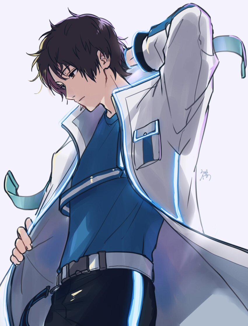 1boy arm_up belt black_eyes black_hair black_pants blue_shirt closed_mouth coat cowboy_shot erinan highres karasuma_kyousuke male_focus open_clothes open_coat pants shirt short_hair simple_background solo standing white_background white_belt white_coat world_trigger