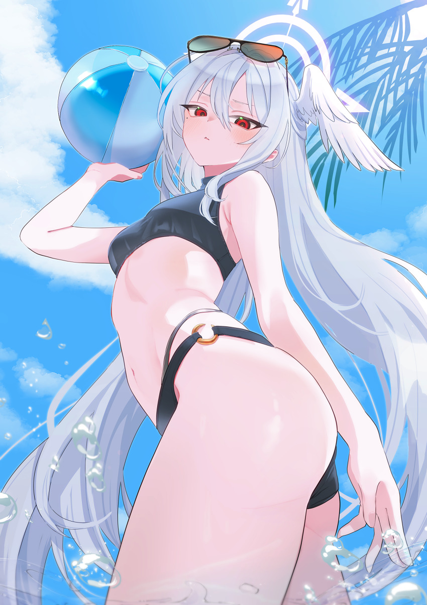 1girl absurdres air_bubble alternate_costume armpit_crease ass ball bare_arms beachball bikini black_bikini blue_archive blue_sky blush breasts bubble closed_mouth commentary_request day eyewear_on_head feathered_wings hair_between_eyes halo hand_up head_wings highres holding holding_ball holding_beachball long_hair looking_at_viewer navel o-ring_bikini_bottom red_eyes single_wing sky small_breasts solo sunglasses suzumi_(blue_archive) swimsuit thighs wakamomo1000 white_hair white_halo white_wings wings