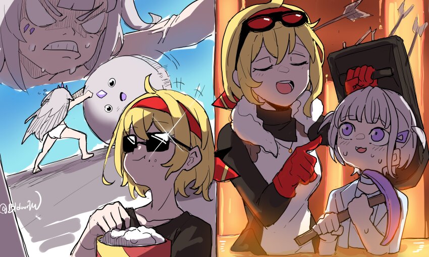 3girls absurdres arrow_(projectile) arrow_in_body arrow_in_head bidortw blonde_hair boulder eating food gloves grey_hair hairband highres holding holding_pickaxe holding_shield hololive hololive_dev_is hololive_english hololive_indonesia kaela_kovalskia koseki_bijou lava minecraft minecraft_shield multiple_girls object_through_head pebble_(koseki_bijou) pickaxe popcorn protecting purple_eyes pushing red_gloves red_hairband shield sunglasses the_game_of_sisyphus todoroki_hajime twitter_username virtual_youtuber