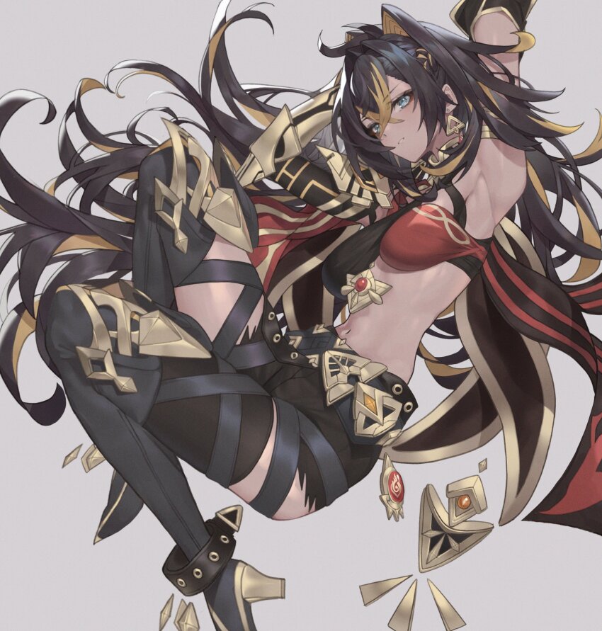 1girl ankle_belt arm_armor arm_up armlet armpits asymmetrical_clothes belt black_belt black_boots black_gloves black_hair blue_eyes boots braid breasts brown_hair buckle criss-cross_halter crossed_bangs dehya_(genshin_impact) earrings elbow_gloves floating_earrings floating_hair gauntlets gem genshin_impact gloves grey_background hair_ears hair_intakes halterneck hand_up high_heel_boots high_heels highres indol jewelry knees_up long_hair looking_at_viewer multicolored_hair navel parted_lips pointy_hair red_gemstone revision shorts sidelocks simple_background single_elbow_glove single_gauntlet single_pantsleg solo stomach streaked_hair thigh_boots torn_clothes very_long_hair vision_(genshin_impact)