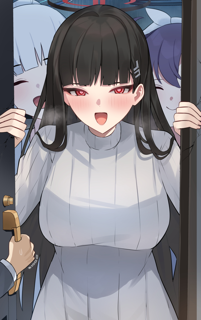 1boy 3girls absurdres black_hair black_halo blue_archive blunt_bangs blush breasts bright_pupils closed_eyes hair_ornament hairband hairclip halo highres large_breasts long_hair mi_taro333 multicolored_halo multiple_girls noa_(blue_archive) noa_(pajamas)_(blue_archive) open_mouth opening_door purple_hair red_eyes red_halo rio_(blue_archive) smile sweater turtleneck turtleneck_sweater two-tone_halo very_long_hair white_hair white_pupils white_sweater yuuka_(blue_archive) yuuka_(pajamas)_(blue_archive)