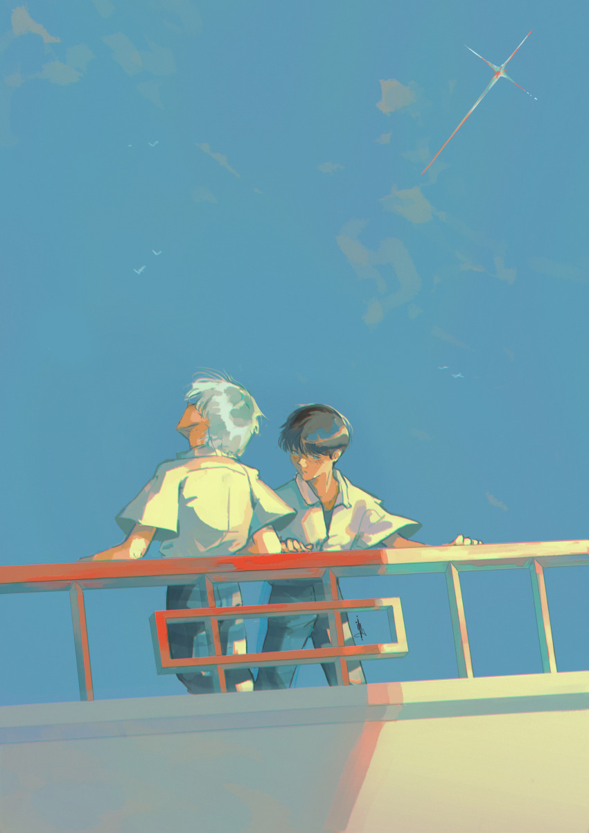 2boys absurdres against_railing black_hair blue_eyes blue_sky building clear_sky collared_shirt highres ikari_shinji looking_up male_focus multiple_boys nagisa_kaworu neon_genesis_evangelion non-circular_lens_flare railing shirt short_hair sky white_hair white_shirt windsaor