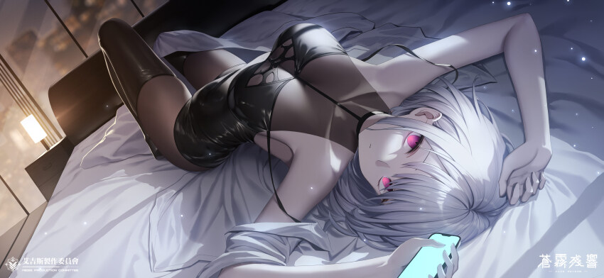 1girl absurdres black_dress black_thighhighs bodystocking breasts cellphone cleavage dress dutch_angle grey_hair haze/reverb highres latex latex_dress latex_thighhighs looking_at_viewer lying medium_breasts medium_hair microdress on_back on_bed phone pink_eyes roi_(liu_tian) sleeveless sleeveless_dress smartphone solo thighhighs