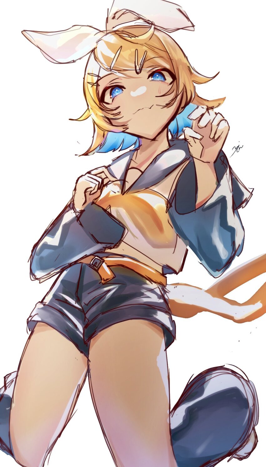 1girl :3 bare_shoulders blonde_hair blue_eyes bow crop_top detached_sleeves dutch_angle fang foreshortening from_below full_body hair_bow hair_ornament hairclip highres inubangarou kagamine_rin kneeling leg_warmers looking_at_viewer looking_down midriff_peek neckerchief sailor_collar sailor_shirt shirt shorts sketch skin_fang sleeveless sleeveless_shirt smile smug solo vocaloid white_bow yellow_neckerchief