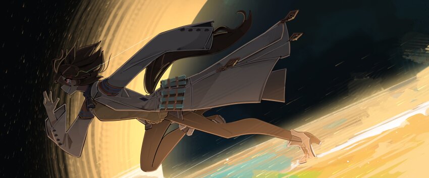 1girl absurdres agnes_tachyon_(umamusume) animal_ears black_hole boots brown_hair brown_tail coat eye_trail from_side gravitational_lens high_heel_boots high_heels highres horse_ears horse_girl horse_tail lab_coat light_trail long_sleeves medium_hair motion_lines pantyhose red_eyes running shuuko_(s_h_uuko) sleeves_past_fingers sleeves_past_wrists solo space star_(sky) sweater_vest tail test_tube test_tube_holster umamusume white_coat yellow_sweater_vest