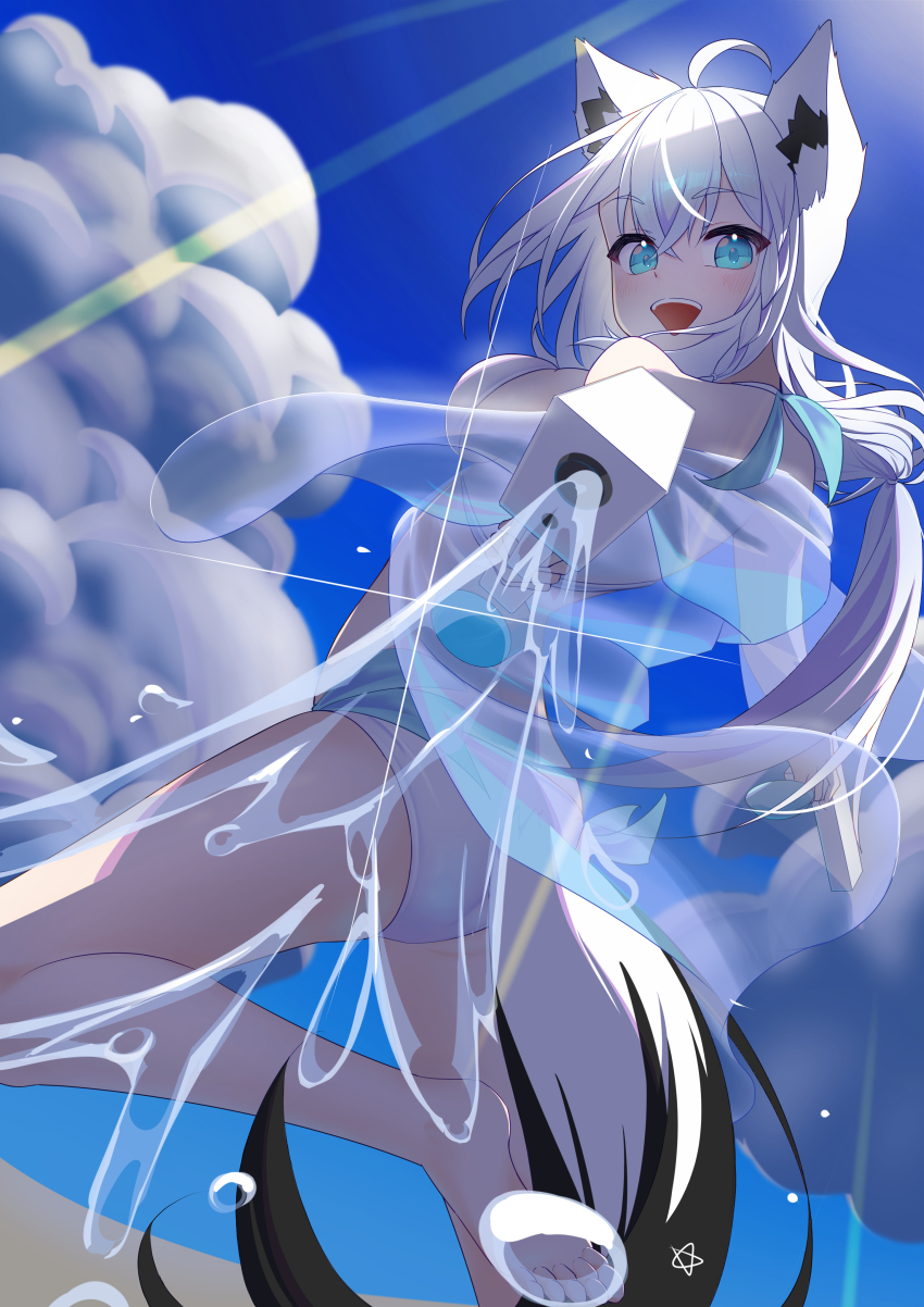 1girl absurdres ahoge animal_ear_fluff animal_ears bikini braid cloud cloudy_sky commentary_request day earrings fox_ears fox_girl fox_tail green_eyes hair_between_eyes highres holding holding_water_gun hololive holonatsu_paradise jewelry leg_up long_hair looking_at_viewer looking_back outdoors pentagram shirakami_fubuki sidelocks single_braid sky solo swimsuit tail torakanta virtual_youtuber water water_gun white_bikini white_hair
