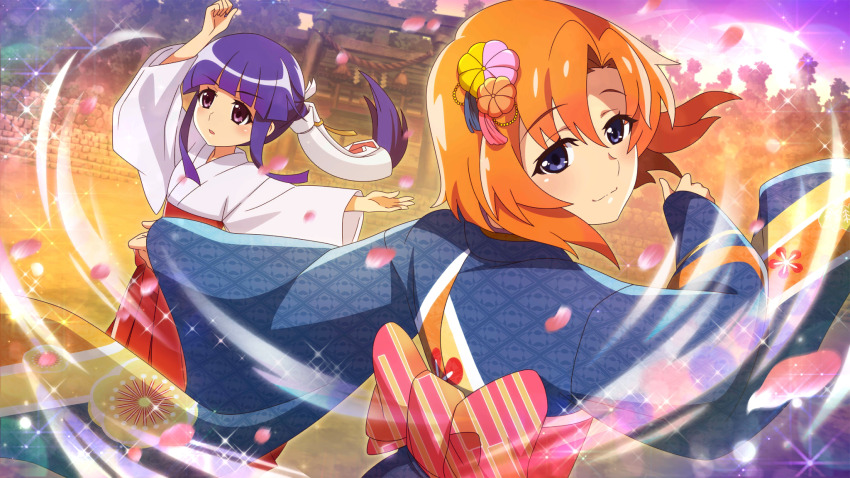 2girls arm_up blue_eyes blue_hair blue_kimono closed_mouth dancing evening falling_petals flower furisode furude_rika game_cg gluteal_fold hair_flower hair_ornament hakama hakama_skirt highres higurashi_no_naku_koro_ni higurashi_no_naku_koro_ni_mei japanese_clothes kimono lens_flare long_hair long_sleeves looking_at_viewer miko motion_lines multiple_girls new_year non-web_source obi_bow official_art open_mouth orange_hair outdoors petals pink_petals print_kimono purple_eyes red_hakama red_sash rope ryuuguu_rena sash shimenawa short_hair shrine sidelocks skirt sparkle speed_lines torii white_kimono wide_sleeves