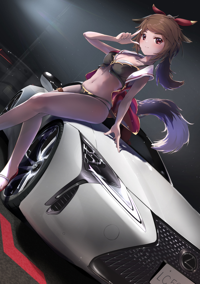 1girl absurdres animal_ears bikini black_bikini breasts brown_hair car cleavage closed_mouth commentary_request commission dutch_angle finger_gun floppy_ears fujinomiya_rio hair_ribbon hand_up highres jacket lexus lexus_lc linaford_(vrchat) long_hair medium_breasts midriff motor_vehicle navel open_clothes open_jacket ponytail red_eyes red_jacket red_ribbon red_shoes ribbon shoes skeb_commission smile solo swimsuit tail vrchat white_car wolf_ears wolf_girl wolf_tail