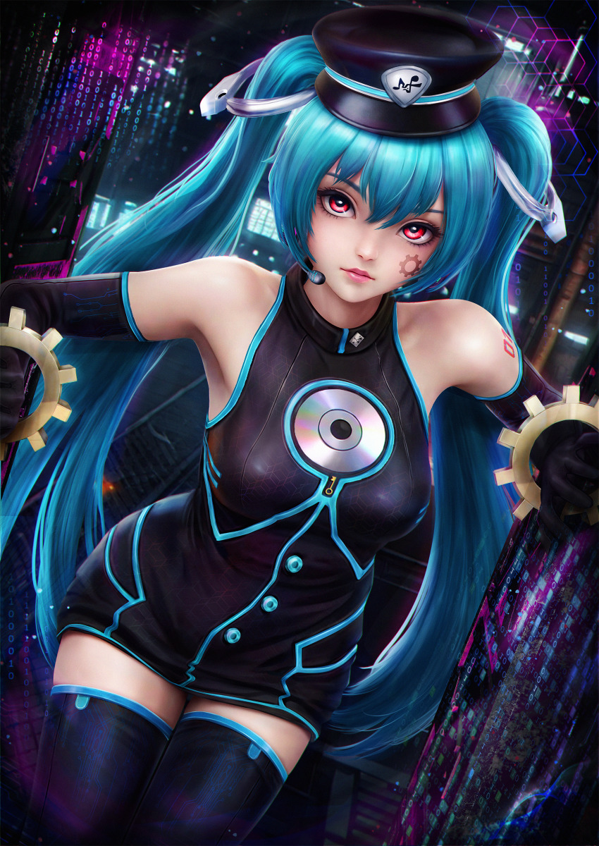 1girl absurdres aqua_hair black_boots black_dress black_hat boots breasts commentary_request dress gears hat hatsune_miku hatsune_miku_(factory_tyrant) headset highres long_hair looking_at_viewer project_diva_(series) red_eyes sadistic_music_factory_(vocaloid) shiny_clothes skin_tight solo standing thigh_boots twintails vocaloid yuuarts727