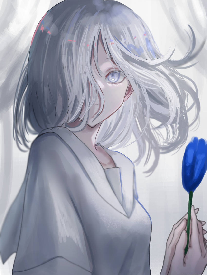 1girl absurdres blue_flower blue_tulip closed_mouth commentary_request expressionless flower grey_eyes grey_hair hair_over_one_eye hands_up highres holding holding_flower kyano_(kyanora3141) looking_at_viewer medium_hair one_eye_covered original shirt slit_pupils solo tulip upper_body white_shirt