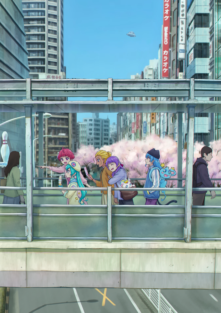 5girls absurdres aged_up ahoge amamiya_elena aqua_eyes aqua_hair arm_hug backpack bag beret black_headwear blue_hair blue_jacket brown_cardigan building cardigan carrying casual city closed_eyes coat dark-skinned_female dark_skin day earrings food fuwa_(precure) grey_skirt hagoromo_lala hair_bun hair_pulled_back hair_ribbon hair_up handbag hat highres holding holding_food holding_paper hoshina_hikaru ice_cream_cone itou_shin&#039;ichi jacket jewelry kaguya_madoka letterman_jacket long_hair looking_at_another mole mole_under_eye multiple_girls multiple_others necklace outdoors pants paper pearl_necklace pink_coat pink_eyes pink_hair pleated_skirt pointing pointy_ears precure prunce_(precure) purple_hair purple_pants purple_ribbon ribbon short_hair skirt slice_of_life standing star_(symbol) star_earrings star_twinkle_precure twintails ufo yellow_coat yellow_headwear yuni_(precure)