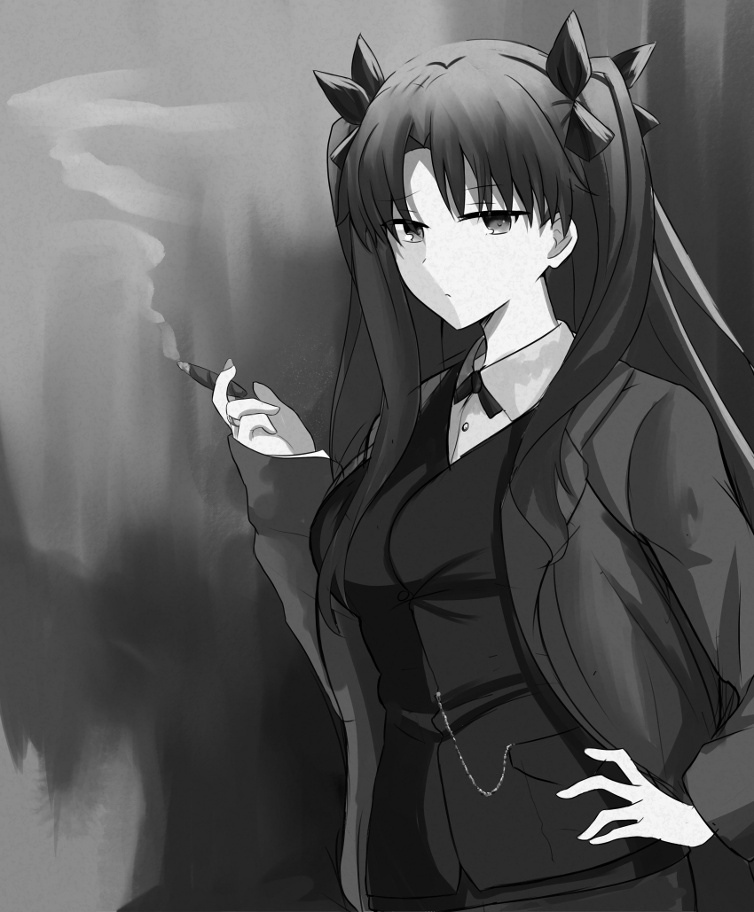 absurdres bad_source black_hair clam_shell_ornament fate/stay_night fate_(series) hair_ribbon highres lace-trimmed_jacket lightstick long_hair pinstripe_bra puffy-trimmed_leotard ribbon rin&#039;s_pendant_(fate) shokobr sigmund_freud square tohsaka_rin