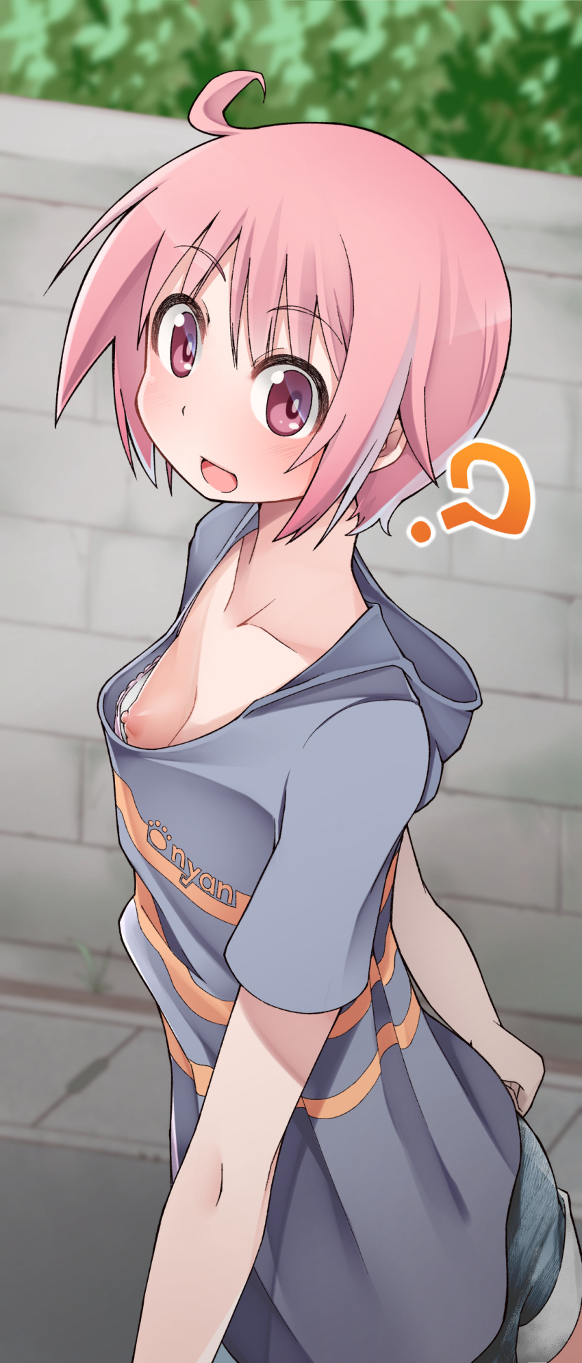 1girl ? absurdres ahoge baaad_sima bra breasts casual clueless collarbone denim denim_shorts downblouse from_above from_side highres hooded_shirt nipple_slip nipples nonohara_yuzuko open_mouth outdoors pink_bra pink_eyes pink_hair short_hair short_sleeves shorts small_breasts solo underwear yuyushiki