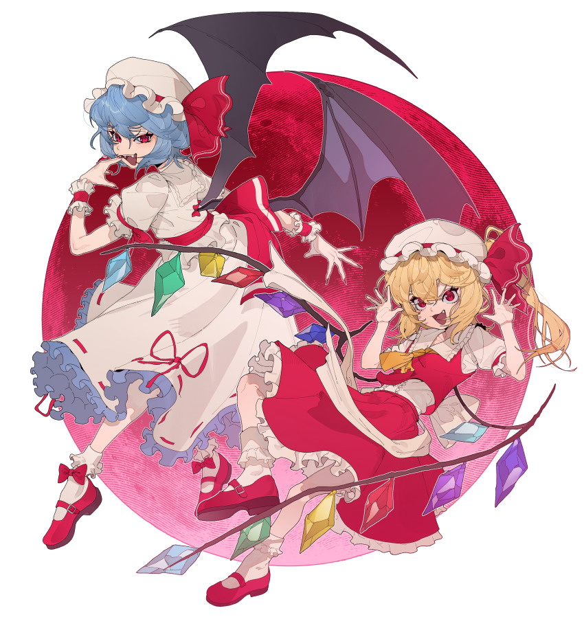 2girls absurdres ascot back_bow bat_wings black_wings blue_hair bobby_socks bow bow_legwear center_frills commentary crystal crystal_wings fang fingernails flandre_scarlet frilled_cuffs frilled_shirt_collar frilled_skirt frilled_sleeves frilled_socks frills full_body hand_up hands_up hat hat_bow highres long_hair looking_at_viewer mary_janes mob_cap moon multiple_girls open_mouth puffy_short_sleeves puffy_sleeves red_bow red_eyes red_footwear red_moon red_nails red_ribbon red_skirt red_vest remilia_scarlet ribbon ribbon-trimmed_skirt ribbon_trim sharp_fingernails shimiya_jin shirt shoes short_hair short_sleeves siblings side_ponytail sisters skirt skirt_set sleeve_ribbon smile socks touhou vest white_background white_bow white_hat white_shirt white_skirt white_socks wings wrist_cuffs yellow_ascot
