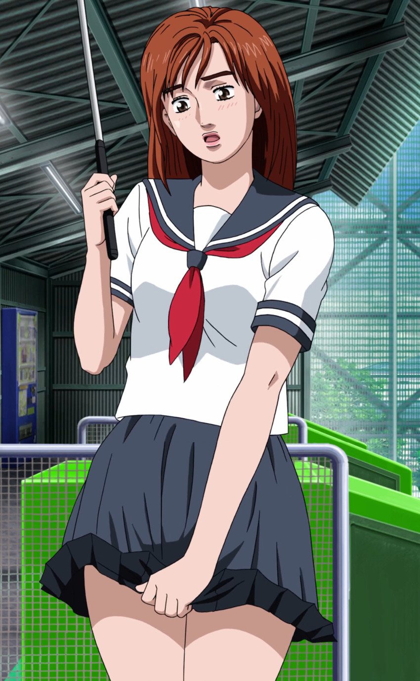 1girl absurdres anime_screenshot bag breasts brown_eyes brown_footwear brown_hair collarbone cowboy_shot embarrassed from_front golf golf_club high_socks highres initial_d medium_breasts medium_hair official_alternate_costume official_art red_ribbon ribbon sailor_uniform school_uniform shoulder_bag skirt skirt_tug standing stitched straight-on third-party_edit uehara_mika