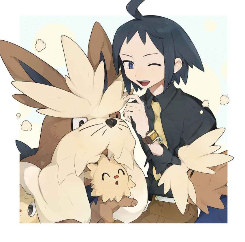 1boy ;d ahoge alternate_color belt black_hair black_shirt blue_eyes border brown_pants cheren_(pokemon) collared_shirt dog evolutionary_line gen_5_pokemon herdier highres lillipup male_focus mimura_(nnnnnnnnmoo) necktie nintendo one_eye_closed open_mouth pants pokemon pokemon_(creature) pokemon_masters_ex shirt short_hair smile stoutland teeth tongue upper_teeth_only watch white_border wristwatch yellow_belt yellow_necktie