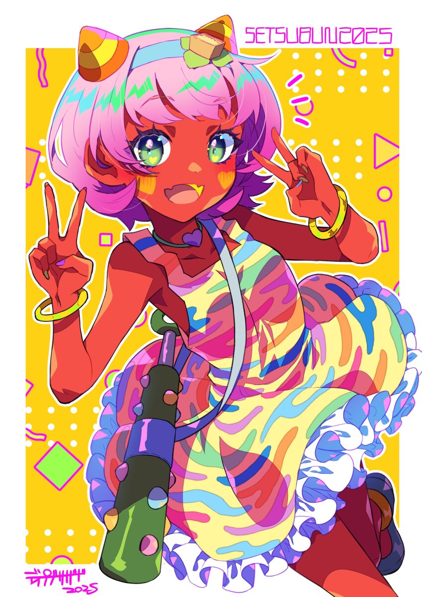 1girl :d absurdres bare_shoulders blue_hairband border bracelet breasts club club_(weapon) colored_skin commentary_request deep_blizzard_(dbmiyuki) denroku double_v dress fangs frilled_dress frills green_eyes green_nails hairband hands_up heart heart_necklace highres horns jewelry mamedol_oni medium_breasts multicolored_dress nail_polish necklace notice_lines oni open_mouth outline pink_hair purple_nails red_skin setsubun skin_fangs smile solo spiked_club standing standing_on_one_leg v weapon white_border white_outline yellow_background yellow_dress yellow_horns