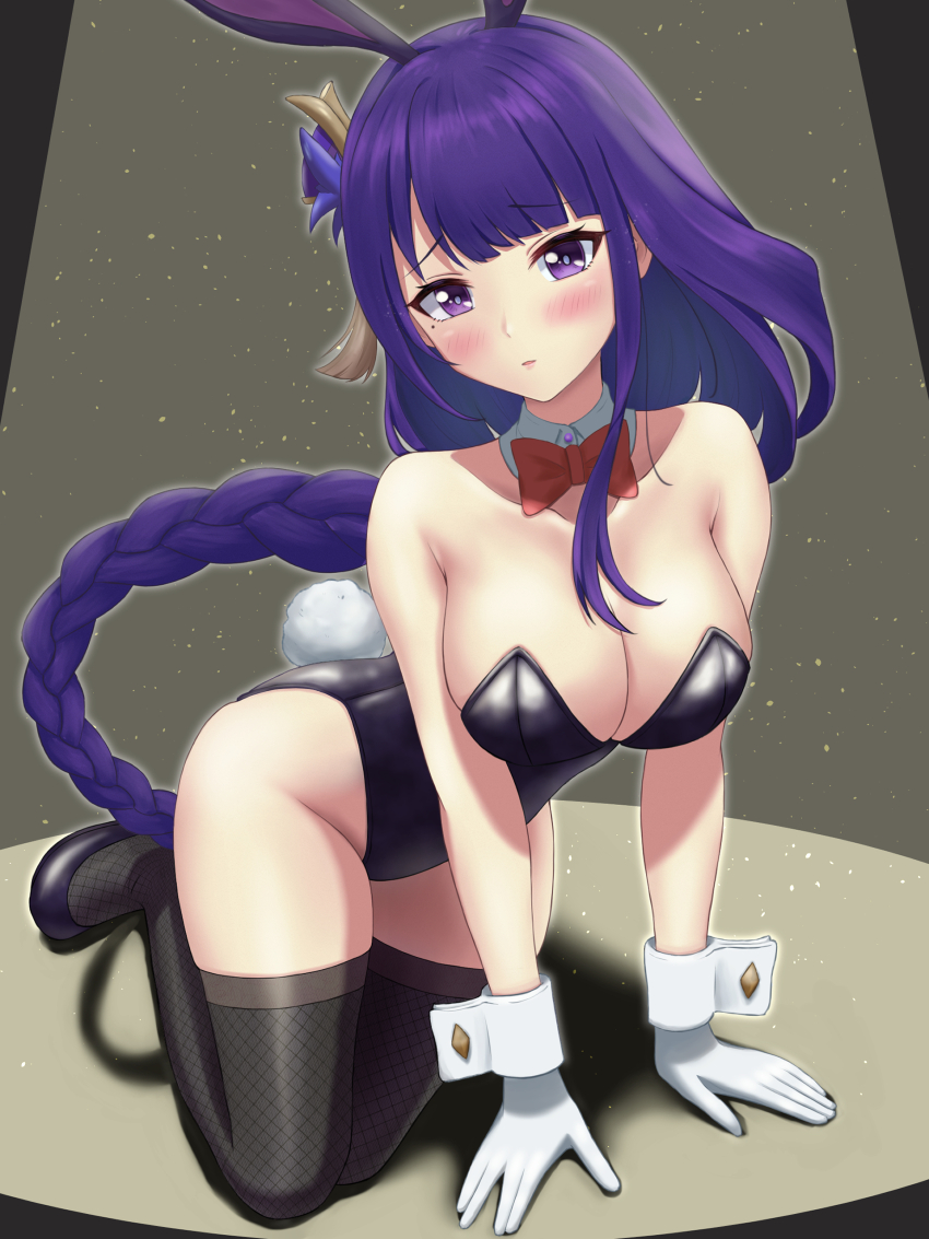 1girl absurdres animal_ears black_footwear black_leotard black_thighhighs blunt_bangs blush breasts cleavage collarbone detached_collar fishnet_thighhighs fishnets floating_hair genshin_impact gloves grey_background highres leotard long_hair medium_breasts mole mole_under_eye playboy_bunny purple_eyes purple_hair rabbit_ears rabbit_tail raiden_shogun sigure_hazime solo strapless strapless_leotard tail thighhighs very_long_hair white_gloves