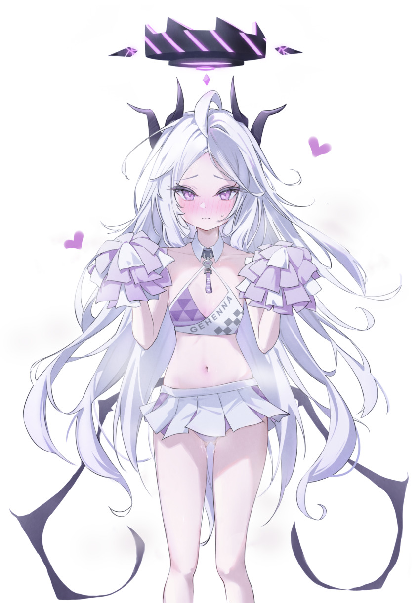1girl absurdres ahoge black_halo blue_archive blush breasts cheerleader demon_girl demon_horns demon_wings gluteal_fold halo heart highres hina_(blue_archive) horns loli long_hair looking_at_viewer millennium_cheerleader_outfit_(blue_archive) navel pom_pom_(cheerleading) purple_eyes rabi9 simple_background small_breasts solo standing sweat very_long_hair white_background white_hair wings
