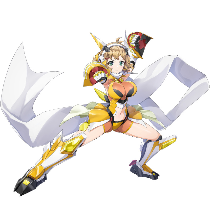 1girl armored_boots armored_gloves blush bodysuit boots breasts brown_hair cleavage closed_mouth clothing_cutout cosplay dolphin_wave game_cg green_eyes hair_ornament hairclip headgear highres large_breasts long_scarf looking_at_viewer navel non-web_source official_alternate_costume official_art ootomo_takuji orange_bodysuit sakimiya_iruka scarf senki_zesshou_symphogear short_hair solo stomach_cutout tachibana_hibiki_(symphogear) tachibana_hibiki_(symphogear)_(cosplay) transparent_background undersuit white_scarf