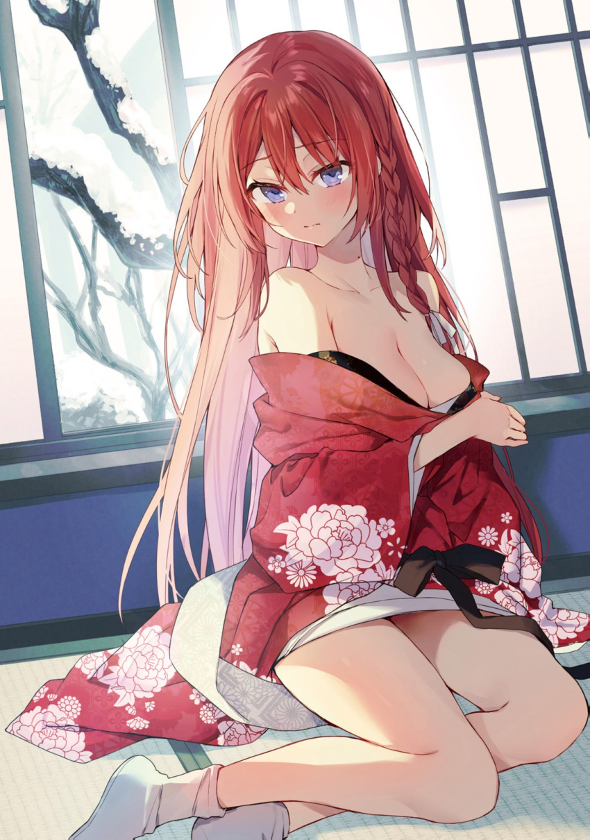 1girl bare_legs bare_shoulders bcoca blush braid breasts cleavage closed_mouth dutch_angle elf_wa_yoru_wo_omachikane floral_print highres indoors japanese_clothes kimono long_hair looking_down non-web_source off_shoulder official_art purple_eyes red_hair sitting solo tabi tatami tree yamasashi_hoshine yokozuwari
