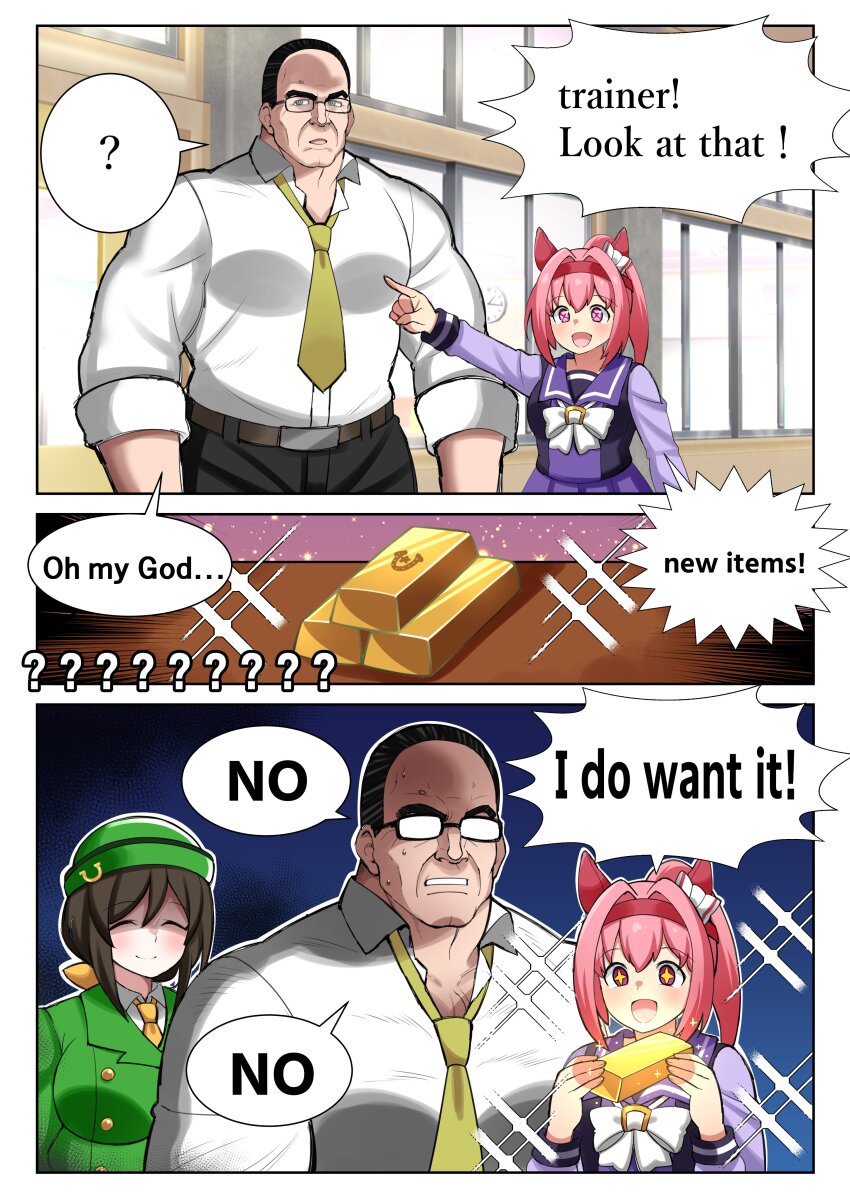 absurdres animal_ears aramori_susumu bow bowler_hat buttons double-breasted ear_bow ear_covers false_smile flower-shaped_pupils flower_in_eye gold_bar green_hat green_jacket haru_urara_(umamusume) hat hayakawa_tazuna headband highres horse_ears horse_girl horse_tail horseshoe_hat_ornament horseshoe_ornament jacket metal_gear_(series) metal_gear_rising:_revengeance necktie pink_hair pink_headband red_headband school_uniform smile steven_armstrong symbol-shaped_pupils symbol_in_eye tail tracen_school_uniform umamusume yellow_necktie