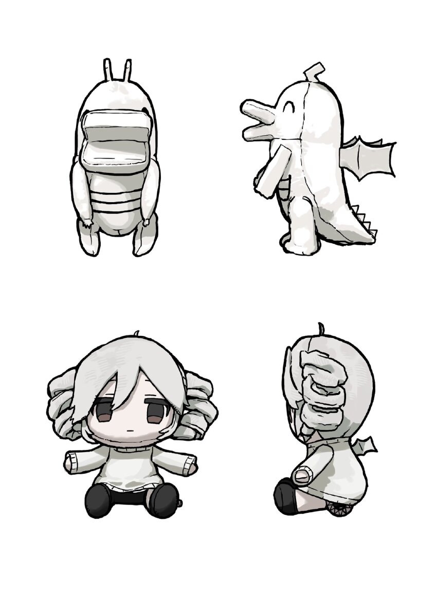 brown_eyes character_doll drill_hair grey_hair grey_sweater highres kasane_teto multiple_views no_humans simple_background stuffed_animal stuffed_dragon stuffed_toy suki_na_souzai_happyou_dragon_(utau) sweater turnaround twin_drills utau wawasuke white_background