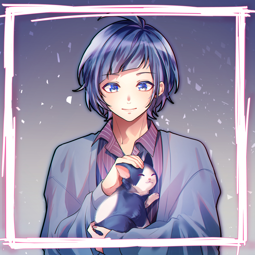 1boy absurdres animal blue_background blue_cardigan blue_eyes blue_hair cardigan cat closed_eyes closed_mouth collared_shirt commentary diagonal_bangs gradient_background grey_background highres holding holding_animal holding_cat kokuhaku_jikkou_iinkai long_sleeves looking_at_viewer male_focus open_cardigan open_clothes open_collar purple_shirt shirt short_hair solo someya_yuujirou sophia_pie_12 upper_body