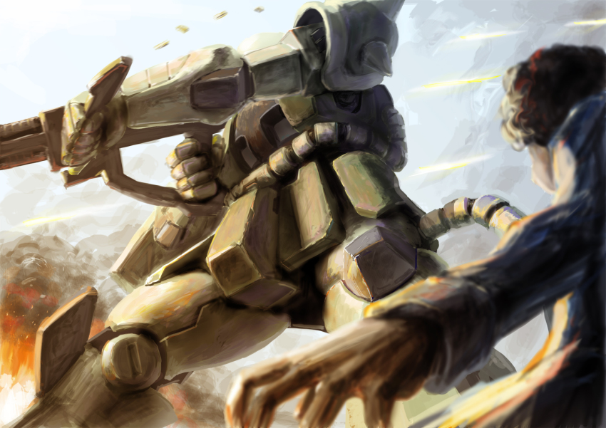 1boy amuro_ray fire firing gun gundam mecha mobile_suit_gundam robot simonori smoke weapon zaku zaku_ii