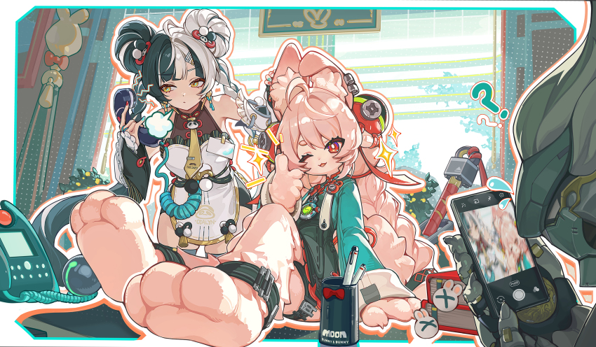 1boy 2girls ? ?? ahoge animal_ear_fluff animal_ear_piercing animal_ears animal_feet animal_print anklet aqua_nails banyue_(zenless_zone_zero) bare_shoulders bear_print black_hair braid braided_twintails bright_pupils china_dress chinese_clothes closed_mouth commentary corded_phone curtains dialyn_(zenless_zone_zero) dress earrings flying_sweatdrops furry furry_female green_shirt hair_extensions hair_ornament hairclip highres holding holding_phone humanoid_robot indoors jewelry long_hair looking_at_object mandarin_collar mechanical_hands medallion multicolored_hair multicolored_nails multiple_girls necktie one_eye_closed open_mouth outline panda_hair_ornament panda_print pen phone pink_fur pink_hair rabbit_ears rabbit_girl red_eyes red_nails ring_hair_extensions robot robot_boy screw shirt short_eyebrows shout_lines sparkle split-color_hair symbol-only_commentary talking_on_phone thick_eyebrows thigh_strap ttosom white_eyes white_hair white_outline white_pupils window wire yellow_eyes yellow_necktie zenless_zone_zero zhao_(zenless_zone_zero)