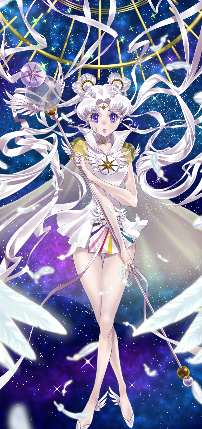 1girl absurdres bare_arms bare_legs bishoujo_senshi_sailor_moon bishoujo_senshi_sailor_moon_stars blue_eyes brooch cape choker circlet crossed_legs dot_nose double_bun dress earrings expressionless feathers floating_hair full_body hair_bun hair_ornament heart_hair_bun high_heels highres holding holding_staff jewelry katt_sun long_hair looking_at_viewer magical_girl parted_lips ring sailor_collar sailor_cosmos sailor_senshi_uniform see-through_clothes see-through_sleeves short_dress sky solo staff star_(sky) star_(symbol) star_brooch star_choker starry_sky thigh_gap white_choker white_dress white_footwear white_hair white_sailor_collar