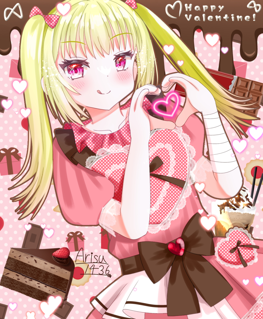 1girl arisuuuuu.1436 chocolate heart highres ibispaint_(medium) maid original pink_eyes twintails valentine