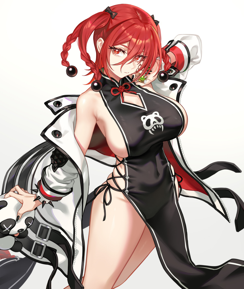 1girl black_dress black_nails bow braid breasts china_dress chinese_clothes commentary_request covered_navel cross-laced_clothes dress fingernails hair_between_eyes hair_bow highres holding holding_stuffed_toy jacket large_breasts long_hair_between_eyes looking_at_viewer multiple_braids off_shoulder pelvic_curtain red_hair sha_danshan sharp_fingernails sideboob simple_background solo spikes stuffed_animal stuffed_toy teddy_bear toaru_kagaku_no_railgun toaru_majutsu_no_index twintails white_jacket z.boat
