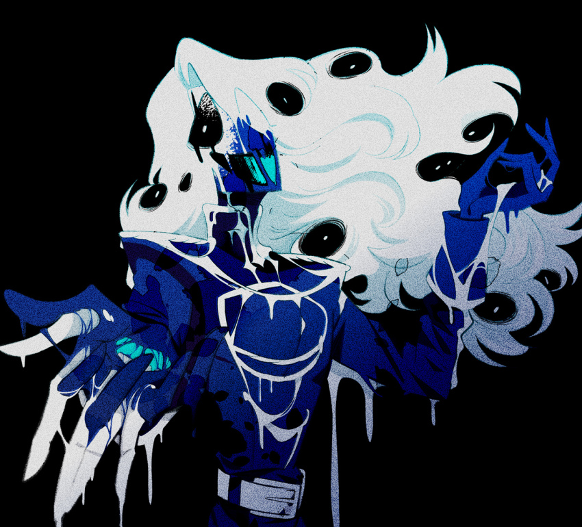 1boy belt blue_jacket blue_skin colored_skin commentary_request deltarune fusion hair_over_one_eye jacket long_hair long_sleeves looking_at_viewer melting open_mouth rouxls_kaard smile solo taharu_(papiyas) turtleneck turtleneck_jacket undertale upper_body w.d._gaster white_belt white_hair wind