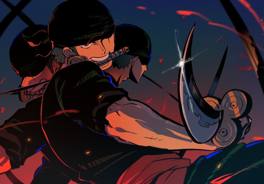 1boy bandana black_bandana eye_trail green_hair haramaki highres holding holding_sword holding_weapon light_trail male_focus mouth_hold mrjieshisu one_eye_closed one_piece roronoa_zoro scar scar_across_eye scar_on_face short_hair sideburns solo sword triple_wielding upper_body weapon
