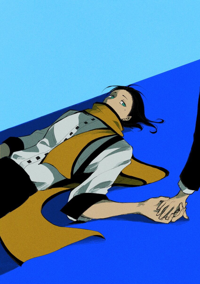1boy black_hair black_pants black_trim blue_eyes covered_mouth cowboy_shot film_grain hair_slicked_back highres holding_hands layered_sleeves long_scarf long_sleeves looking_to_the_side lying male_focus mochizuki_ryouji mole mole_under_eye on_back otoko_haza out_of_frame pants persona persona_3 scarf shirt shirt_tucked_in sideways_glance sleeve_cuffs solo_focus white_shirt yellow_scarf