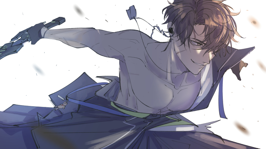 1boy absurdres aki_(neural_cloud) black_gloves brown_eyes brown_hair charm_(object) commentary_request dog_tags earpiece facial_scar girls&#039;_frontline girls&#039;_frontline_neural_cloud gloves grin hadanugi_dousa hair_over_one_eye highres holding holding_sword holding_weapon japanese_clothes kimono male_focus messy_hair open_clothes open_kimono pectorals scar scar_on_cheek scar_on_face shirokaza short_hair smile solo stuffed_animal stuffed_toy sword teddy_bear upper_body weapon white_background