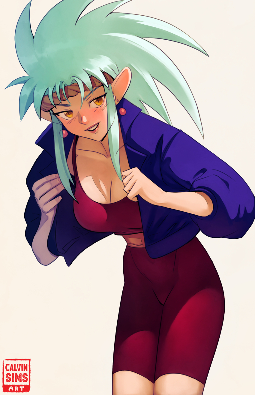 1girl absurdres artist_logo belt blue_jacket bodysuit breasts calvin_sims cleavage collarbone commentary earrings green_hair highres jacket jewelry leaning_forward logo looking_at_viewer open_clothes open_jacket parted_lips pointy_ears red_bodysuit ryouko_(tenchi_muyou!) sidelocks simple_background solo spiked_hair standing tenchi_muyou! white_background