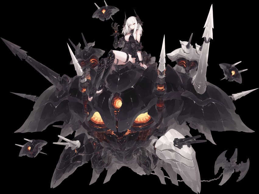 1girl absurdres arbiter_the_chariot_vii_(azur_lane) arm_support armor armored_boots artist_request azur_lane bare_shoulders black_dress black_horns boots bracelet breasts cannon cleavage cuffs detached_sleeves dress drone feet frilled_dress frills gauntlets glowing glowing_eyes hair_between_eyes hair_ornament hair_over_one_eye hand_up headgear highres horns jewelry knee_boots large_breasts long_hair machinery mechanical_arms mechanical_hands non-humanoid_robot non-web_source official_art orange_eyes prosthesis red_eyes rigging robot shackles short_dress sidelocks single_mechanical_arm single_mechanical_hand siren_(azur_lane) sitting smile solo spiked_bracelet spikes tachi-e thigh_strap thighlet thighs toeless_legwear toes transparent_background weapon white_hair