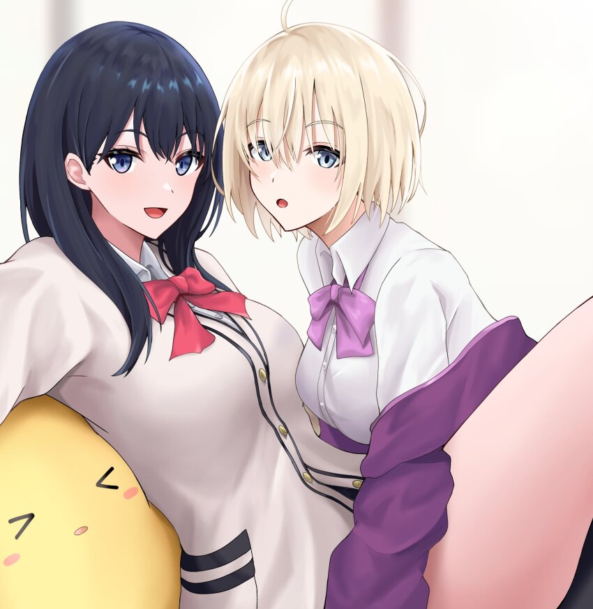 2girls :d :o ahoge azur_lane banba_(jakqbigone) bataan_(azur_lane) blonde_hair blue_eyes blue_hair bow bowtie cardigan commentary_request cosplay gridman_universe highres jacket long_hair long_sleeves looking_at_viewer manjuu_(azur_lane) multiple_girls off_shoulder open_mouth purple_bow purple_bowtie purple_jacket red_bow red_bowtie shinjou_akane shinjou_akane_(cosplay) shirt short_hair smile ssss.gridman takarada_rikka thighs white_shirt