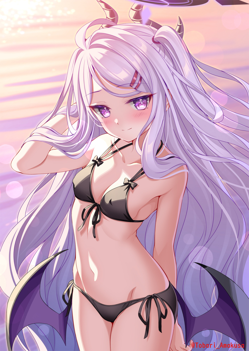 1girl ahoge alternate_costume amakusa_tobari bikini black_bikini blue_archive blush breasts demon_girl demon_horns demon_wings hair_ornament hairclip halo highres hina_(blue_archive) horns loli long_hair looking_at_viewer low_wings navel ocean outdoors purple_eyes sideboob small_breasts solo standing stomach swimsuit very_long_hair white_hair wings