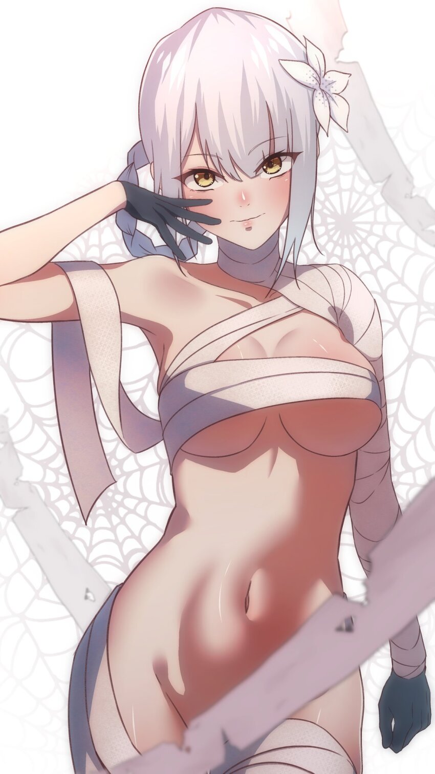 1girl bandaged_arm bandaged_neck bandages black_gloves blush braid braided_hair_rings breasts closed_mouth flower gloves groin hair_flower hair_ornament hair_rings halloween halloween_costume hashtag-only_commentary highres kaine_(nier) kamitsune28rita large_breasts lunar_tear medium_hair mummy_costume navel nier nier_(series) silk smile solo spider_web standing white_background white_hair yellow_eyes