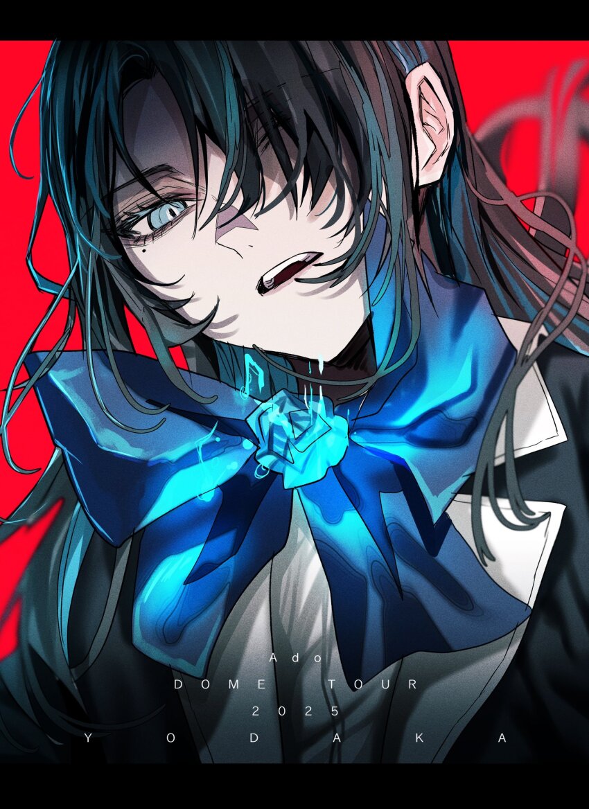 1girl ado_(utaite) black_hair blue_bow blue_bowtie blue_eyes bow bowtie chando_(ado) commentary_request gunjyou_(gunjyou_00) hair_over_one_eye highres letterboxed long_hair looking_at_viewer mole mole_under_eye one_eye_closed open_mouth red_background shirt solo teeth upper_body upper_teeth_only white_shirt