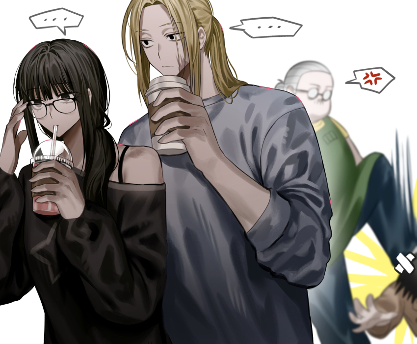 ... 1girl 3boys absurdres anger_vein apron black_hair black_shirt blonde_hair cup disposable_cup facial_scar glasses gomang1201 grey_hair grey_shirt highres multiple_boys nagumo_(sakamoto_days) osaragi_(sakamoto_days) sakamoto_days sakamoto_taro scar scar_on_cheek scar_on_face shirt shishiba_(sakamoto_days) spoken_anger_vein spoken_ellipsis stomping white_background